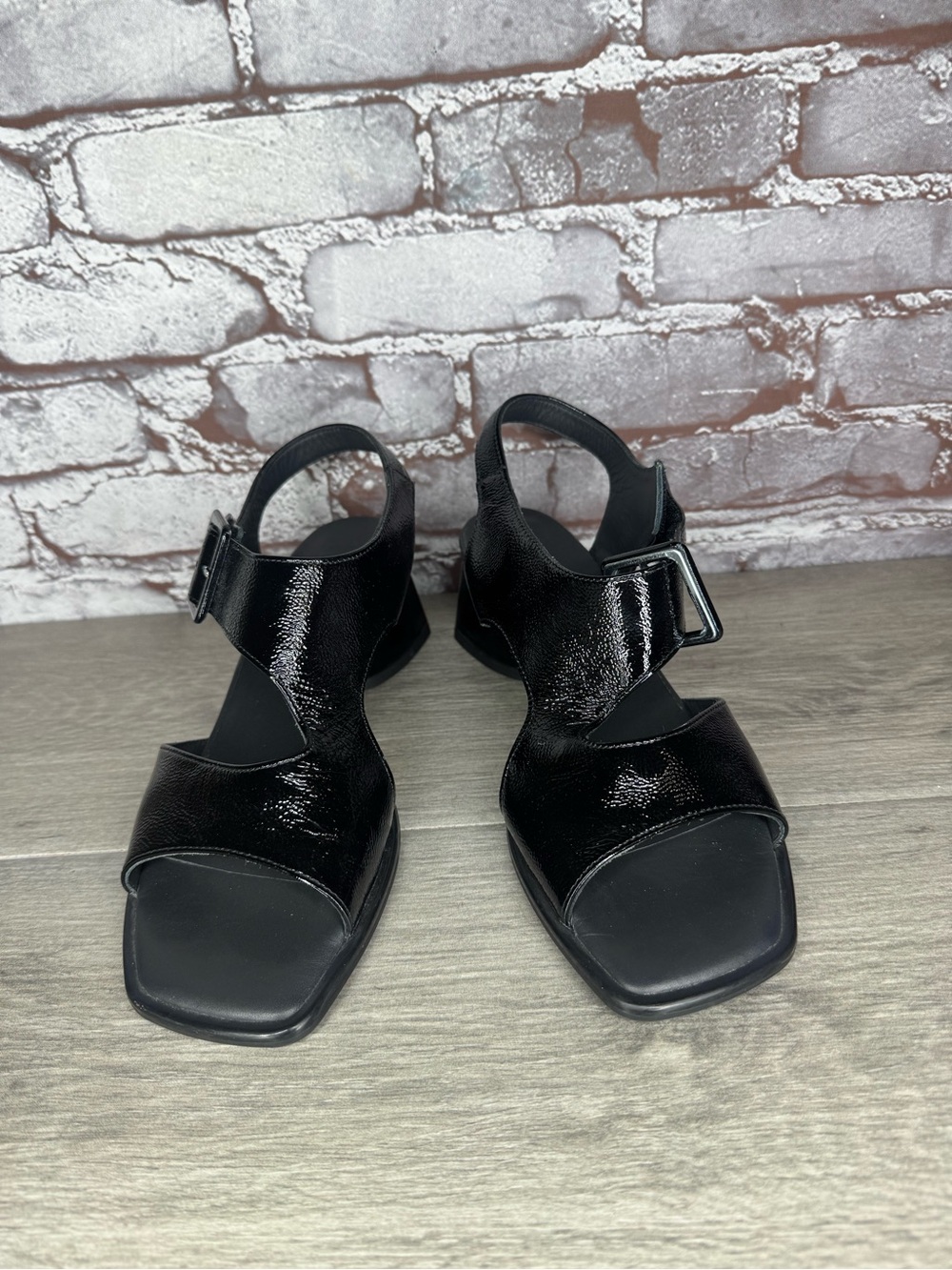 PAUL GREEN Tanya Black Crinkled Patent Leather Heel Strappy Sandals Women 9M US